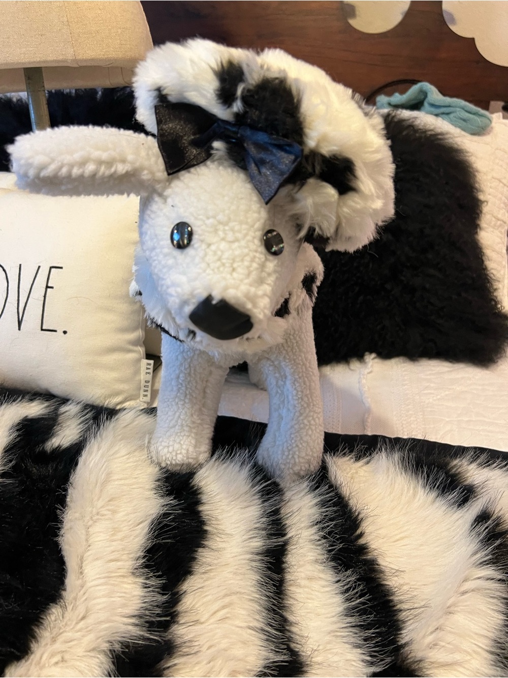 Plush Black & White Faux Fur Dog Hooded Coat with matching hat